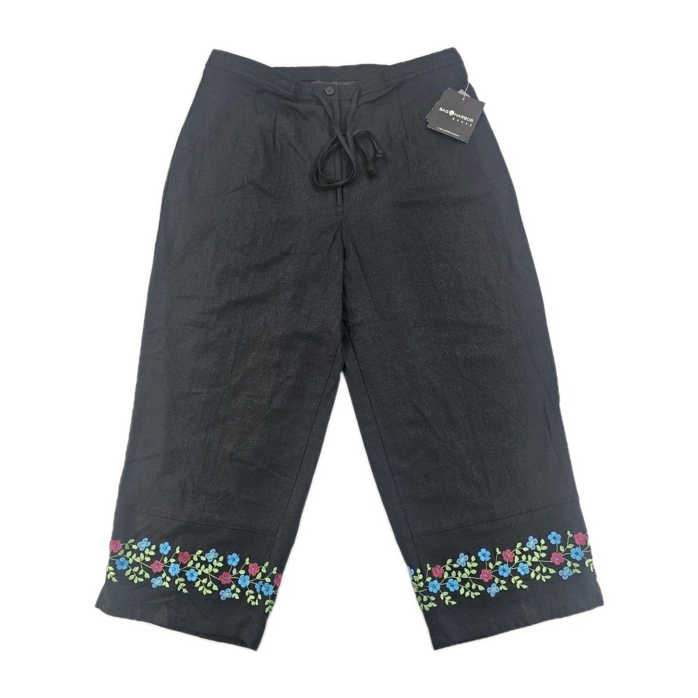 Vtg Sag Harbor Women's Capri Pants 16W Black Linen Rounded Floral Embroidery Y2K